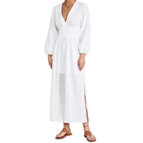 Rebecca Taylor Long Smock Waist Linen & Crochet Dress Size Large - Picture 2 of 13